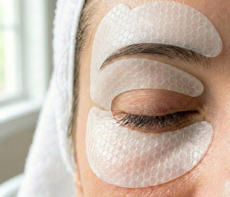 Woman wearing the KOLLAE collagen eye mask