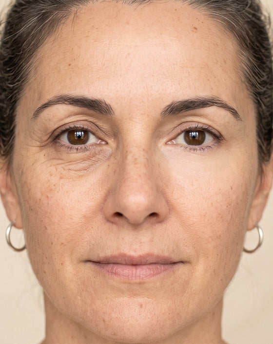 One woman's face: the left half with nothing, the right half after 45 minutes with the mask